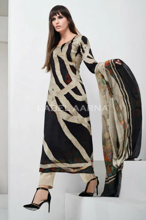 Label Aarna Cream Black ZigZag Print Ruby Cotton Slub Premium Salwar Suit with Digital Print [Unstitched]