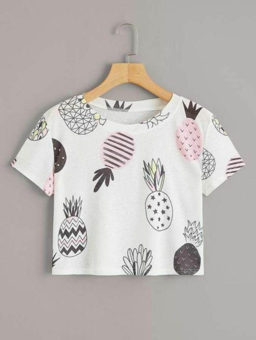 AJ Brothers Tops for Women Shirts Pineapple Print Random T-Shirts-WHITE-S