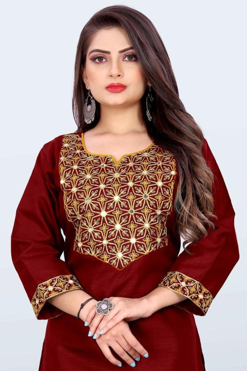Shantuba Textiles women Heavy Embroidery Real Mirror Work Kurtis(Maroon)