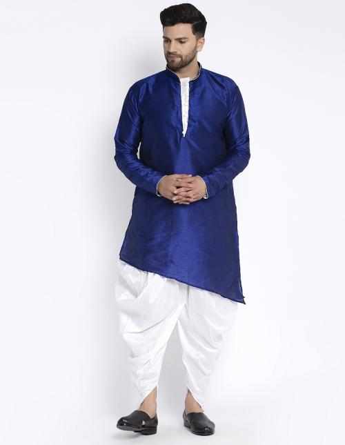 Benstoke Men's Royal Blue & White Silk Blend Asymmetric Solid Kurta with Dhoti Pant