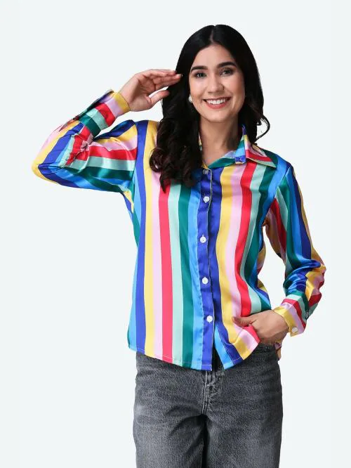 Popwings Casual Blue Stripe Printed Satin Shirt for Women | Shirt for Women Stylish | Latest Design Shirt Women | Collar Shirt For Women