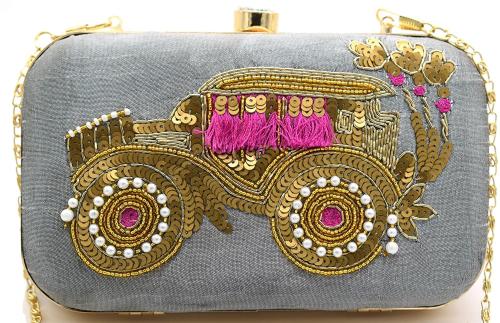 Tooba Handicraft Grey Velvet Women Designer Clutch Bag With Chain Strap