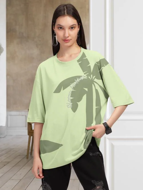 HELLCAT Green Trendy Printed Oversized T-shirt for Women