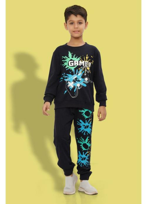 Ninos Dreams Boys Gamer Print Full Sleeves Cotton Coord Set with Tshirt & Jogger -Navy Blue