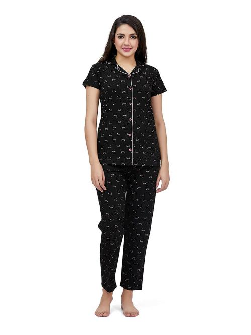 SCKIRASA Women Black Printed Cotton Night Suit - XL