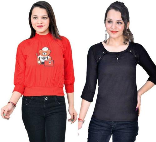 Fikroo Girls Red and Black Solid Cotton Blend Top 15 - 16 Years (Pack of 2)