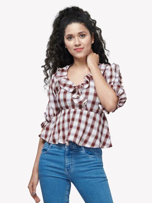 VASTRADO Women Maroon Pure Cotton Checked Crop Top tops