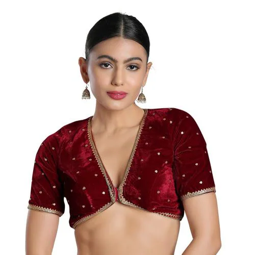 Salwar Studio Women's Maroon Velvet Readymade Saree Blouse