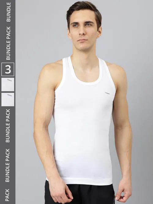 Dollar Bigboss Men's White Pack of 3 Solid Combed Cotton Shrinkless Vest