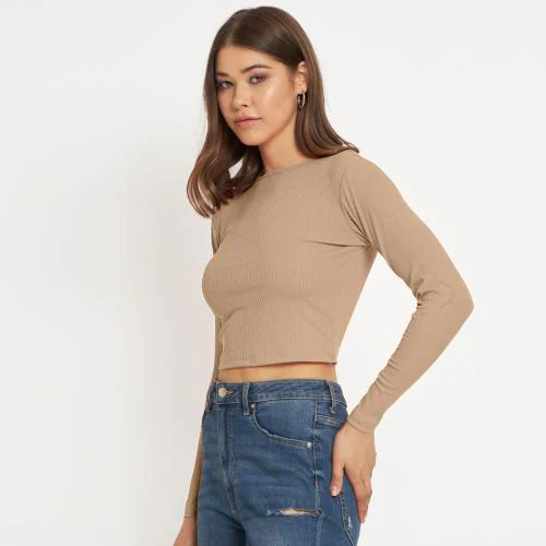 Rad Prix Women Light Brown cropped Full Sleeve T shirts