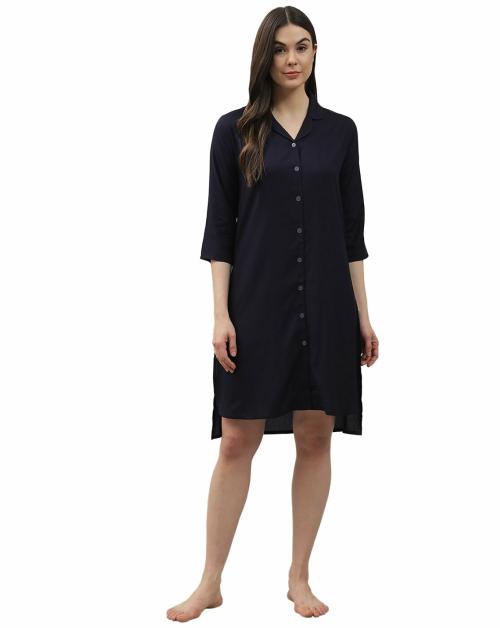Shararat Women's Rayon Knee Length Sleepshirt/Night Shirt Dress - Navy Blue