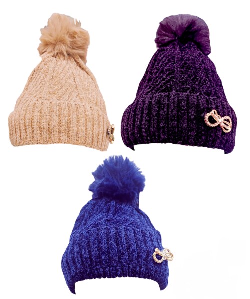Trubliz Combo - Warm knitted Beanie Fur Pom Pom Hat, Winter warm hat for toddler, Baby Boys, Girls, Kids Woolen Hats Warm Plush Beanie Hat Super Soft Winter Warm Hat, Knitted Hats, Woolen Hats. (Black, Beige, Blue)
