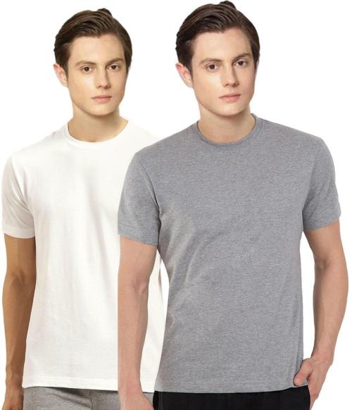 Brinley Men White Solid Pure Cotton T-Shirt Size L (Pack of 2)