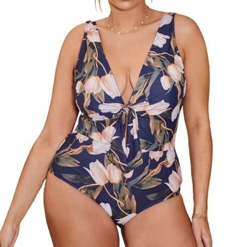 Plus Curvves Plus Size Flower Print Blue One-Piece Swimsuit - 3XL