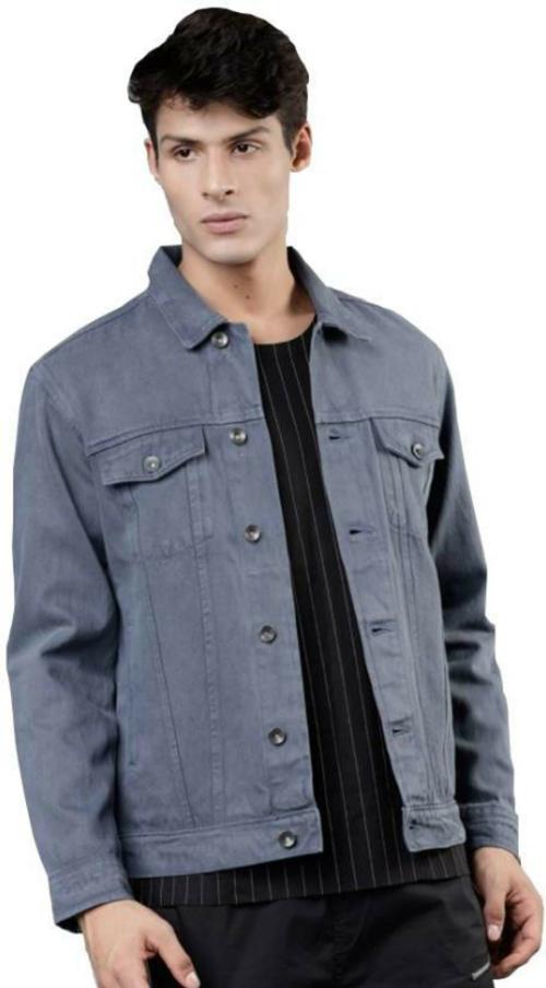 Skenjel Men Grey Self Design Denim Jacket