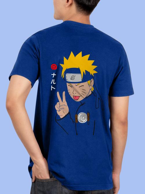 BLISSINK Naruto Anime Front And Back Printed Blue Cotton Tshirt for Men