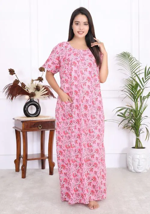 Pearly women cotton maxi night gown with belt &1 pocket|| maxi nighty || maxi with pocket