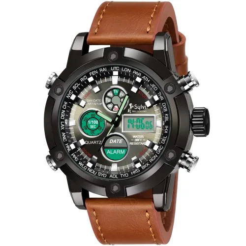 Sylvi Analogue Digital Multi Function Black Dial Brown Leather Strap Watch For Men