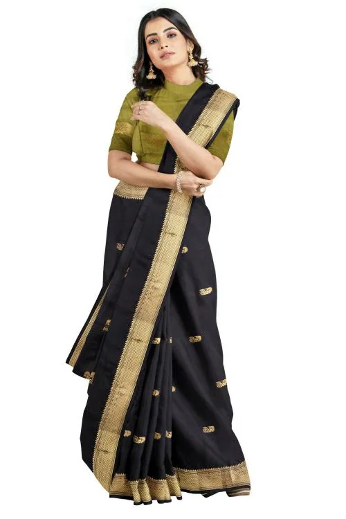 SWIFFIN Designer Cotton Silk Paithani Black-Gold Saree For Women/Women Saree With Unstitched Blouse- PAITHANI-BLACK-GOLD