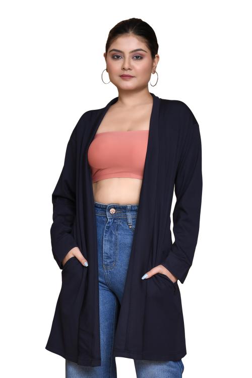 4CATS Women's Tencel Solid Pattern Long Shrug with Full Sleeve and Open Front Style I Casual Round Neck Long Strugs for Ladies with Ultimate comfort & style - Navy Blue , Size - Jumbo