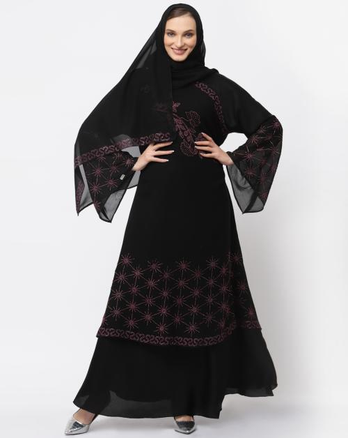 Klotthe Women Black Embellished Burqa With Scarves