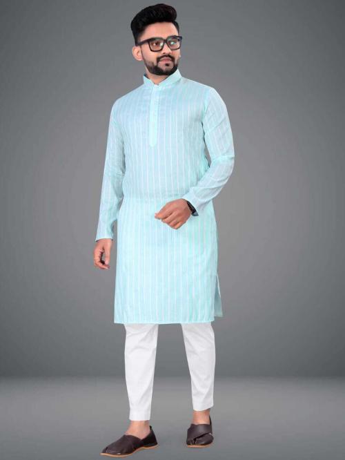 Plusifye Men Light Blue Printed Cotton Blend A-Line Kurta (L)
