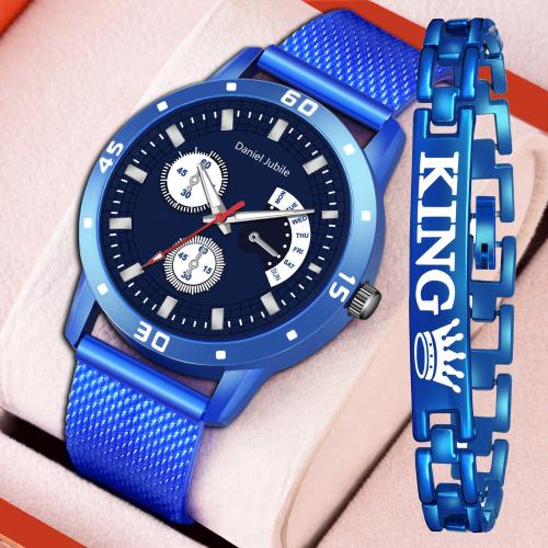 Daniel Jubile Analog PU04 With King Bracelet Blue Dial Blue PU Strap Watch For Men