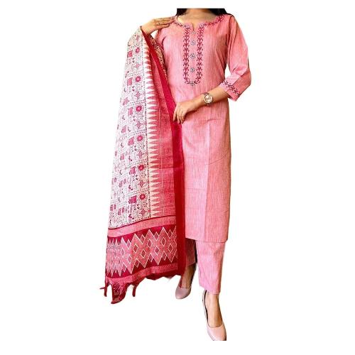 Ridnish Cotton Classy South Khadi Embroidery Suit with Khadi Silk Dupatta Set