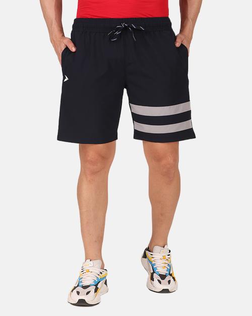 FITINC Navy NS Lycra Casual & Running Shorts for Men with Zip Pockets
