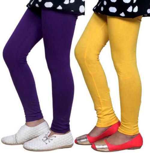 Tik Tok Wears Girls Purple, Yellow Solid Cotton Blend Pack of 2 Leggings
