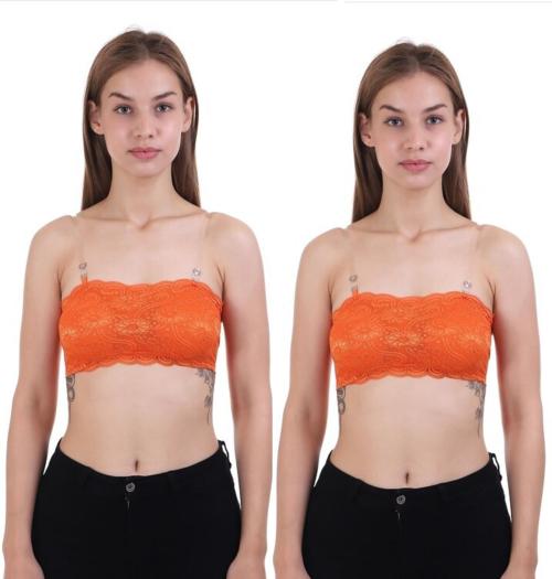 VS Beauti Lace Padded Non Wired Full Coverage Glam Sheer Bralette Strapless Tube Top Orange Bra for Women's Pack of 2