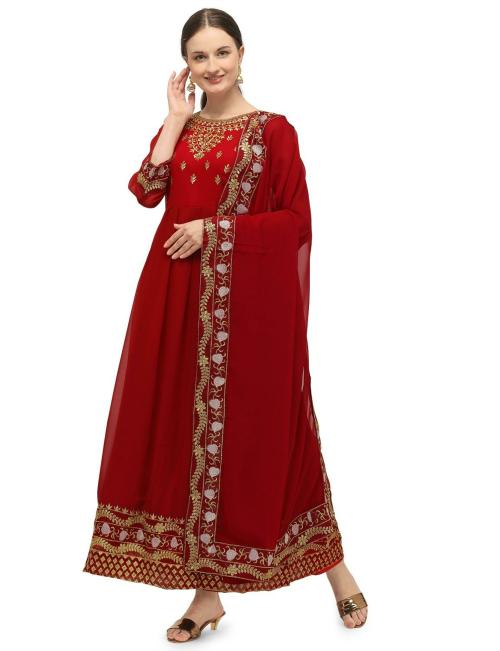 VKARAN Women Red Embroidered Georgette Gown Dress