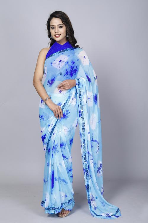 Vl Sarees Chiffon Bandhani Mirror Work Self Design Hand Print Color Block Saree with Blouse for Women's(SkyBlue)