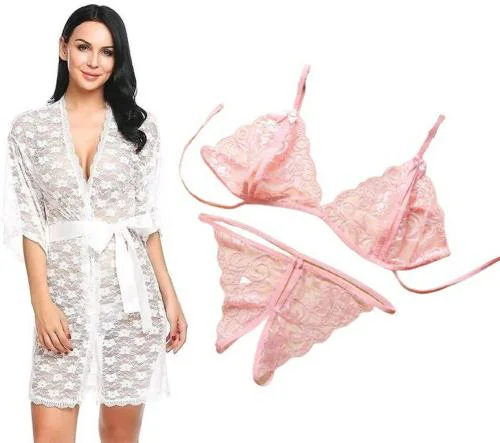 Iyaracollection Women White Self Design Lace Lingerie Robe Set