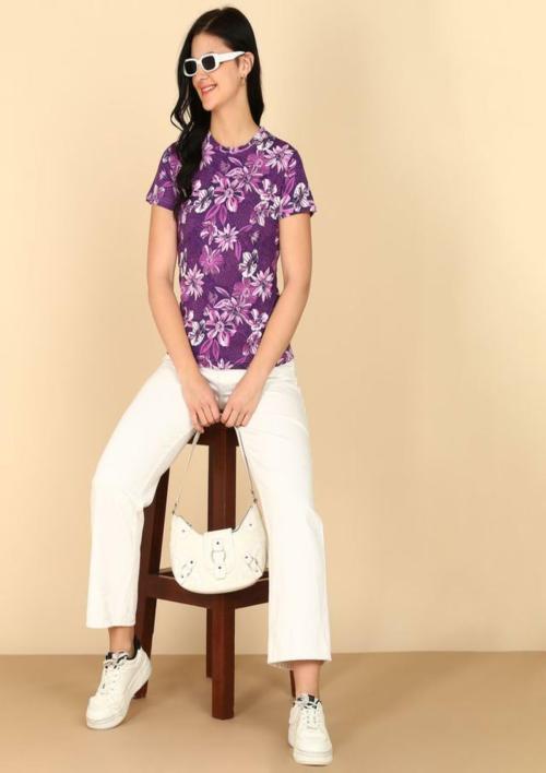 CLOVERCRAFTY Women's Cotton Blend T- Shirt - Vibrant Colors And Adorable Patterns - Perfect for Casual, Office & Every Occasion (Purple) (XXL)