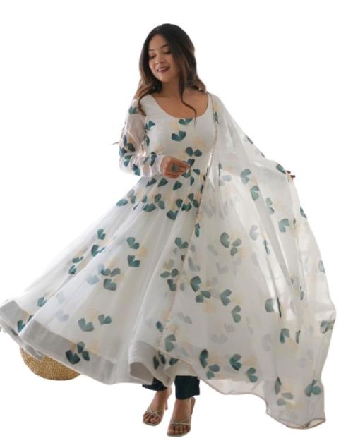 GRISHMITH Women's Georgette Traditional Beautiful Gown With Dupatta (White) - Size: Large