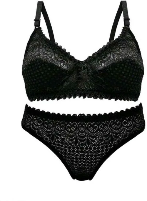 Dhandai Fashion Bra & Panty Set Self Design Lingerie Set_Black-36A