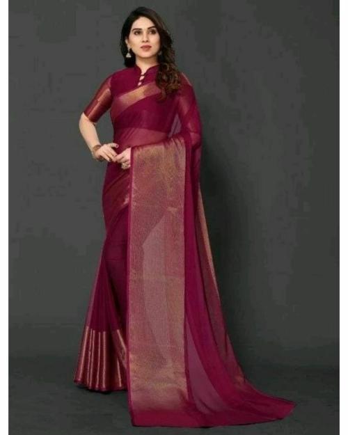 Vkaran women' s Wine Chiffon Chiffon Plain Saree With Blouse