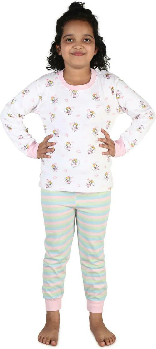 Tinklebuds Girls White Graphic Cotton Blend Top & Pyjamas Set (9-10 Y)