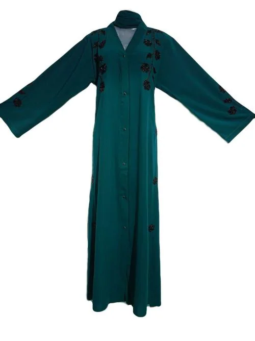 Humeira Abaya Dubai Style Front Open Firozi Color Tree Style Abaya in Al Firdous Fabric