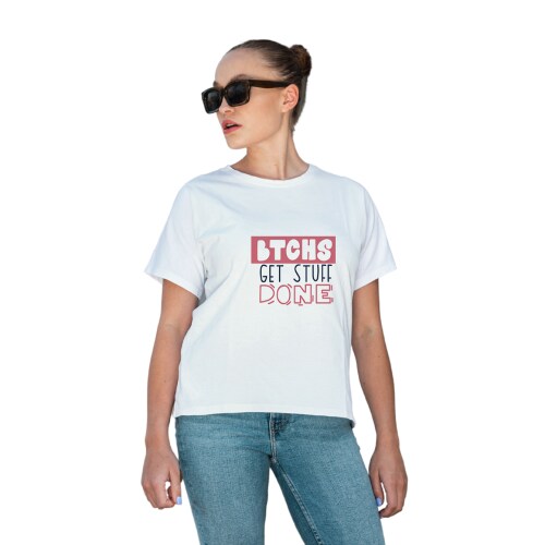 HAMH Round Neck Half Sleeve Printed Get Stuff Done T-Shirt for Women (L)