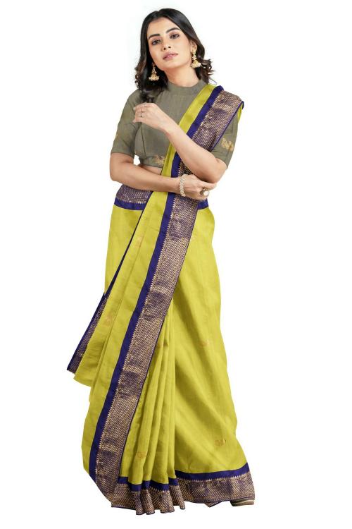 SWIFFIN Designer Cotton Silk Paithani Lemon-Navy Blue Saree For Women/Women Saree With Unstitched Blouse- PAITHANI-LEMON-NAVY BLUE