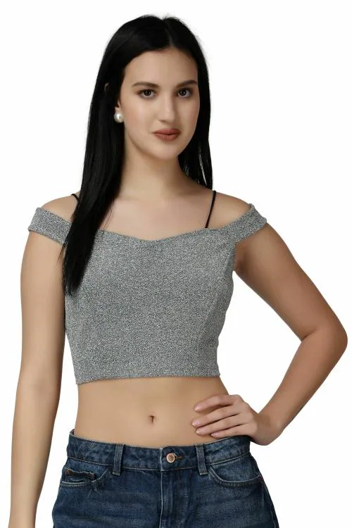 Popwings Women Casual Grey Shimmer Off Shoulder Crop Top