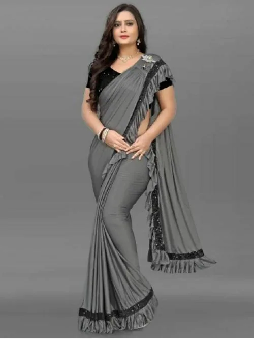 JAYKAR CREATION MOHINI GREY MALAI SILK RUFFLE SAREE WITH VELVET BLOUSE FOR WOMEN