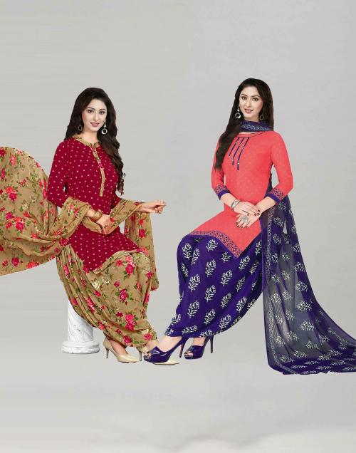 Siril Women'S Crepe Fabric Red & Carrot Pink Colour Unstitched Combo Printed Salwar Suit Dress Material