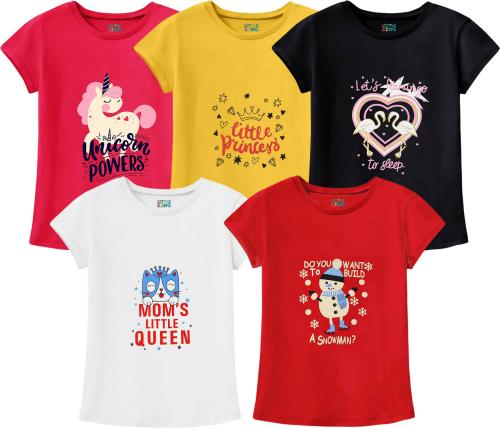 Little Zing Girls Multicolor Pure Cotton Printed Pack Of 5 T Shirt | Girls tshirt | Kids Tshirt | Kids Wear | Tshirt for Girls | Baby Clothes | T shirt for Girls | Girl T-shirt