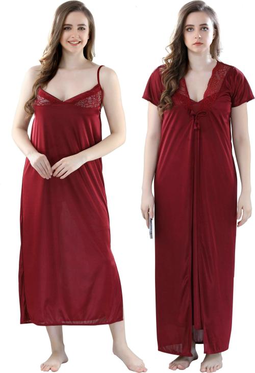 Ultraviolet Women Brown Solid Satin Nighty