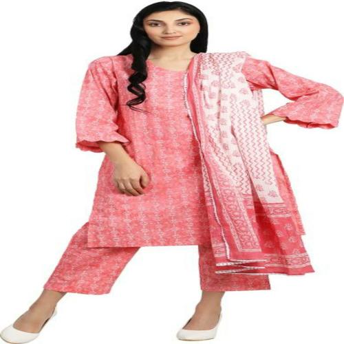 Elan Hive Women Kurta, Pant And Dupatta Set Pure Cotton- Pink