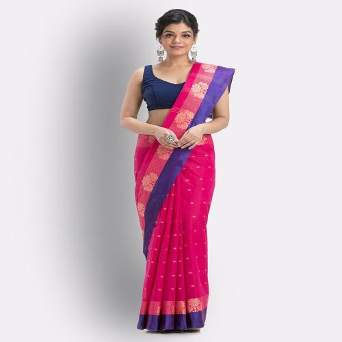 Angoshobha Free Size Women Pink Woven Design Cotton Saree