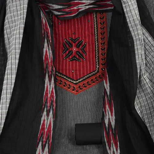 KAMI KUBI Black Unstitched cotton suit set with mix-match yoke and contrast colour kota dupatta.